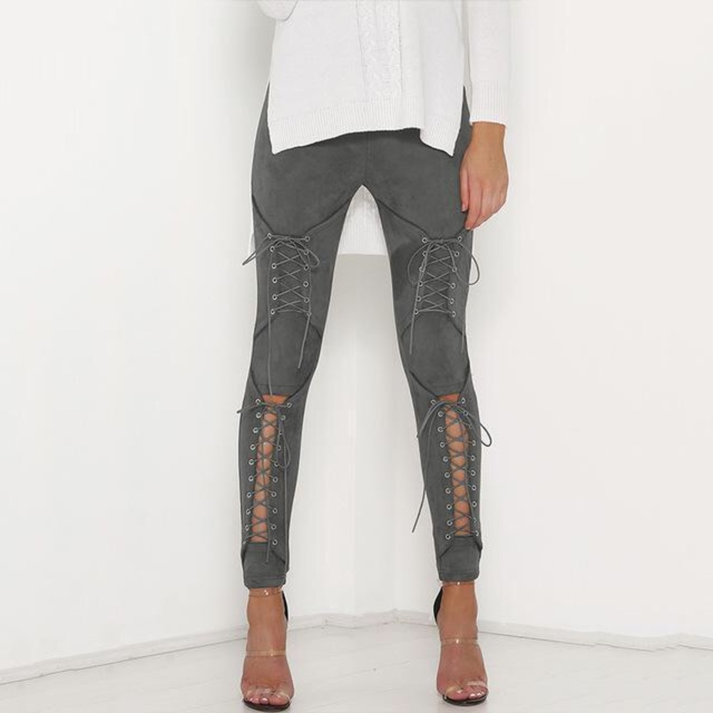 Faux suede grey lace up leggings